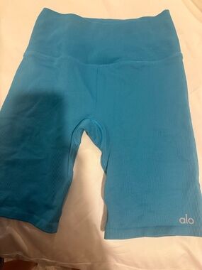 ALO Yoga Ribbed High-Waist Bike Shorts in Teal